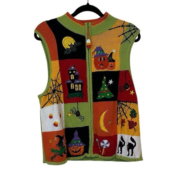 Tiara Tops - Vintage Tiara Halloween Zip Up Sweater Vest Size XL Embroidered Beaded 90s